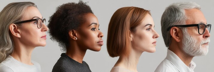 Poster - A group of four people of varying ethnicities and hairstyles poses in profile, each wearing glasses and set against a simple backdrop. Generative AI