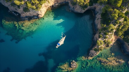 Wall Mural - Aerial view of a sailboat in clear turquoise waters near rocky cliffs and lush greenery.