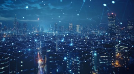 Fototapete - A high-tech cityscape with visible wireless signals and network connections overlaid, illustrating the pervasive nature of wireless communication.