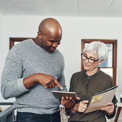 Poster - Business, people and tablet or folder at office with smile in discussion for feedback, report and review. Employees, partnership and happy with file or document on teamwork, collaboration or strategy
