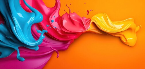 Poster - Colorful paint splash on vibrant orange background, creating an artistic and lively visual appeal for creative projects.