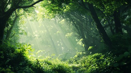 Poster - A lush, green forest with sunlight filtering through the dense canopy, showcasing various shades of green in the leaves and foliage.