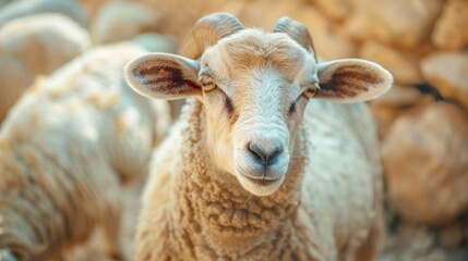 Poster - A sheep with horns is looking at the camera