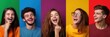 © Анатолий Сав - A group of five young friends have a lively moment, laughing and showing expressions of joy against vibrant, colorful backdrops. Generative AI