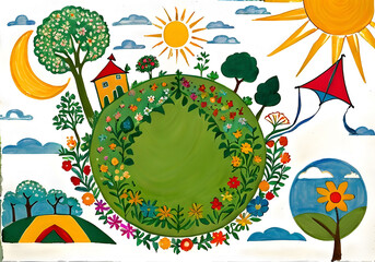 Drawing of green earth with flowers and trees around it, sun, bird and kite.