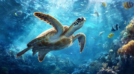Poster - A majestic sea turtle gliding gracefully through the ocean, surrounded by small fish and coral, capturing the serenity of the deep sea.