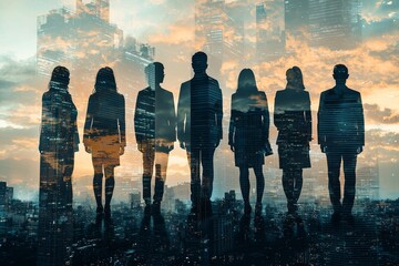 People standing in city skyline double exposure created with Generative AI