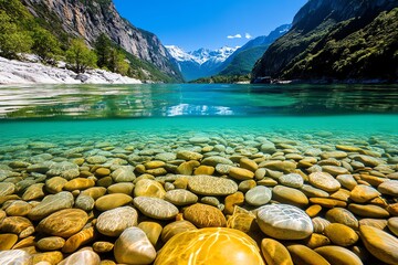 lake with crystal-clear water, depicted in an artwork where you can see the pebbles and fish below t