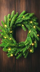 Wall Mural - A beautifully arranged eucalyptus wreath featuring fairy lights sits atop a dark wooden background, perfect for adding a festive touch to holiday decor during winter celebrations