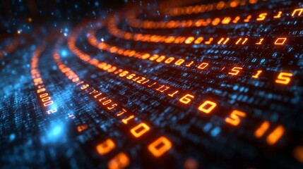 Poster - A vibrant portrayal of holographic credit scores illuminated in orange against a backdrop of intricate digital patterns and numbers, showcasing advanced technology.