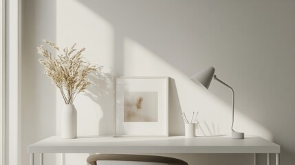 Poster - A minimalist desk setup with a clean white surface, a modern desk lamp, and a single framed photo, arranged to highlight the simplicity and functionality