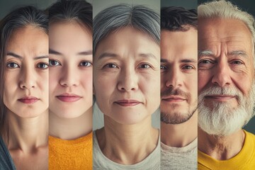 Poster - Five individuals of different ages and ethnic backgrounds showcase a variety of facial expressions in a softly lit environment. Generative AI