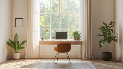 Aufkleber - A minimalist home office with a simple desk, a comfortable chair, and a large window allowing ample natural light, showcasing an uncluttered and serene workspace.