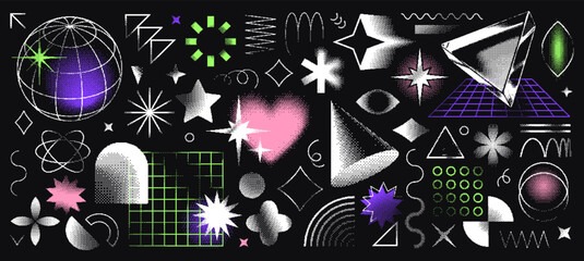 Leinwandbilder - Retro futuristic bitmap geometric shapes, abstract y2k aesthetic element with pixel dithering effect. Pixelated halftone brutalism forms, stars and lines, trendy dither graphic elements vector set
