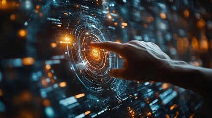Poster - A user interacts with a holographic display, navigating communication metrics through innovative technology in a high-tech setting.