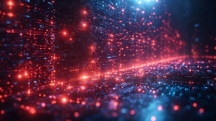 Poster - A vibrant holographic display showcases dynamic data transfers in a digital environment, emphasizing the flow of information through glowing particles.