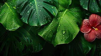 Wall Mural - Tropical Rainforest Leaves with Dew Drops and a Red Flower