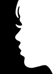 Young boy or girl head profile silhouette in white isolated on a black background