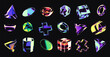 © Your Local Llamacorn - Neon gradient bitmap geometric 3D shapes, retro futuristic pixelated forms. Transparent color glass half sphere, cube and prism with dithering effect, abstract pixel art graphic element vector set