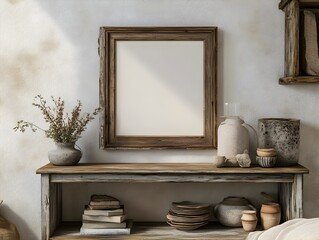 Fototapete - Warm and Cozy Farmhouse Style Interior with Antique Wooden Photo Frame Mockup on Weathered Shelving Unit  Earthy Tones Natural Textures 3D Render