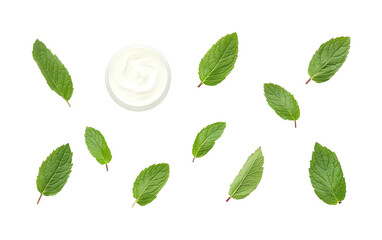 Natural cream surrounded by fresh green leaves, symbolizing skincare, beauty, and nature's touch in wellness products.