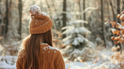 Wall Mural - A woman wearing a brown hat and a sweater is standing in the snow