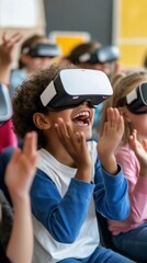 Children in the classroom wear colorful VR glasses and laugh happily