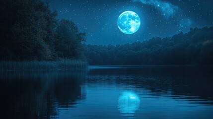 A full blue moon glowing softly above a peaceful lake, with stars reflecting in the water.