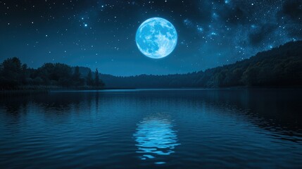 a full blue moon glowing softly above a peaceful lake, with stars reflecting in the water.