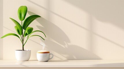 Poster - A white plant sits on a shelf next to a white coffee cup. The plant is green and has a leafy appearance. The coffee cup is empty and has a small amount of steam coming from it. The scene is simple