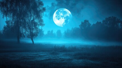 A full blue moon glowing softly through the mist, creating a serene night scene.