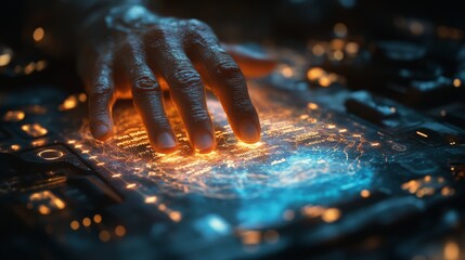 Poster - A hand engages with a glowing holographic display of text messages above a dark, high-tech interface, illuminated by vibrant colors.