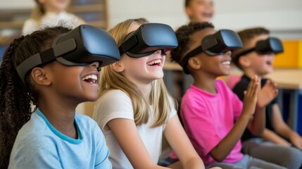 Children in the classroom wear colorful VR glasses and laugh happily