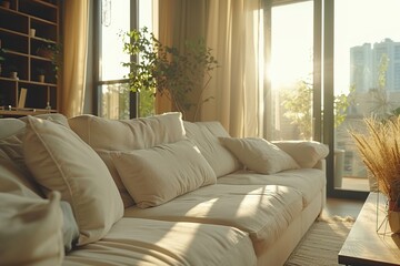 Wall Mural - Sunlight Streaming Through Windows in Modern Living Room