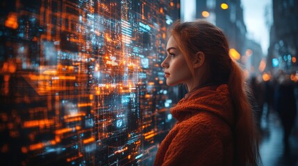 Poster - A woman interacts with vibrant holographic displays that showcase information about the gig economy in a bustling city as night begins to fall.