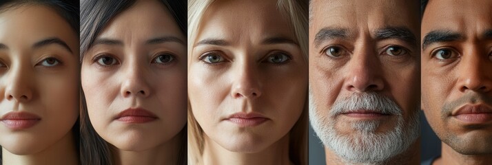 Aufkleber - Five individuals with distinct features and expressions are arranged closely, each lost in thought, showcasing a range of emotions in a serene setting. Generative AI