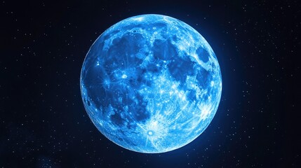 close-up of a full blue moon with detailed craters, glowing against a dark night sky.