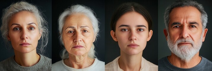 Aufkleber - Four adults of different ages and backgrounds pose with neutral expressions, showcasing their unique features and natural beauty in a studio setting. Generative AI