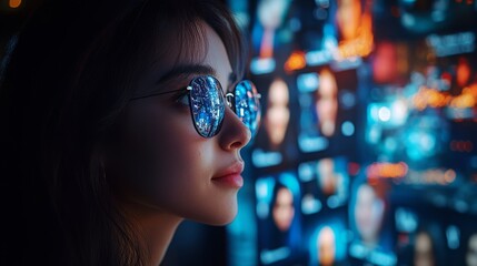 Poster - A person wearing stylish glasses observes holographic displays showcasing various faces during video calls in a modern setting.
