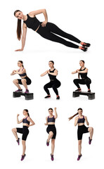 Wall Mural - Young woman doing aerobic exercises on white background, collage