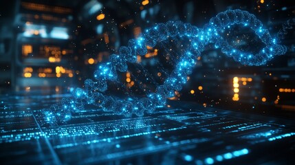 Poster - Holographic DNA strands weave together against a backdrop of streaming data, representing the fusion of biology and technology in a digital realm.