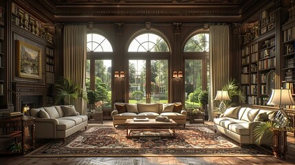 Wall Mural - Luxurious Living Room with Large Windows and Bookshelves