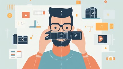 Poster - -based infographic depicting a bearded man with a camera surrounded by multimedia icons highlighting photography and digital media concepts