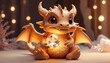 © 4K_Heaven - A small, cuddly dragon with a mischievous grin, clutching a glowing crystal, depicted in a cozy, warm-toned style to capture its lovable and playful charm, Generative AI
