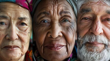 Aufkleber - Three elderly individuals display their unique features and serene expressions, reflecting a sense of wisdom and calmness during a peaceful moment. Generative AI
