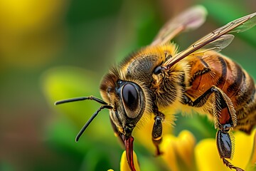 Poster - The bee collects pollen from white plum flowers. Spring blossoming scene : Generative AI