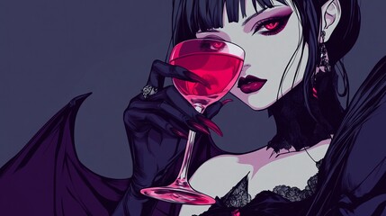 Pretty sexy and scary vampire woman tasting bloody red cocktail in glass while looking at the camera with copy space, anime style illustration of pretty woman drinking alcohol on trendy colorful back