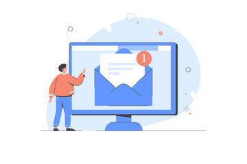 Poster - Social media promotion Flat cartoon vector illustration, icon. Character communicate with audience, sending advertising emails
