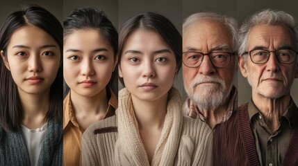 Poster - Five individuals of varying ages display a range of expressions, highlighting the beauty of diversity in a modern indoor environment, emphasizing their unique features. Generative AI
