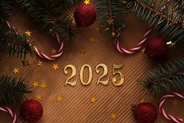 Wall Mural - new year 2025 beige background. number of the coming year in christmas decoration.